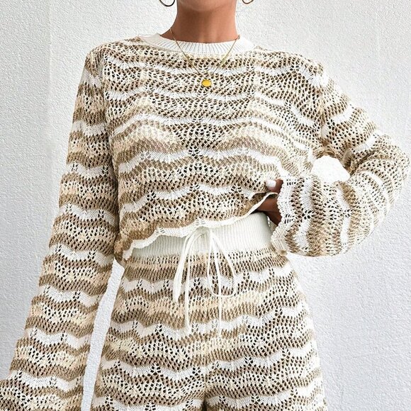 Tops - Multicolor Casual Women's Striped Hollow Out Knit Top & Shorts Cover Up Set